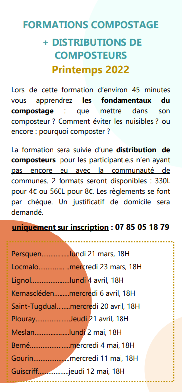 Calendrier des formations-distributions de composteurs du printemps 2022 par Roi Morvan Communauté