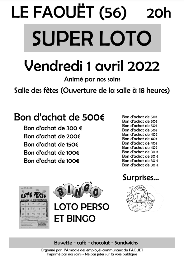 SUPER LOTO – Vendredi 1er avril 2022 – Salle des fêtes