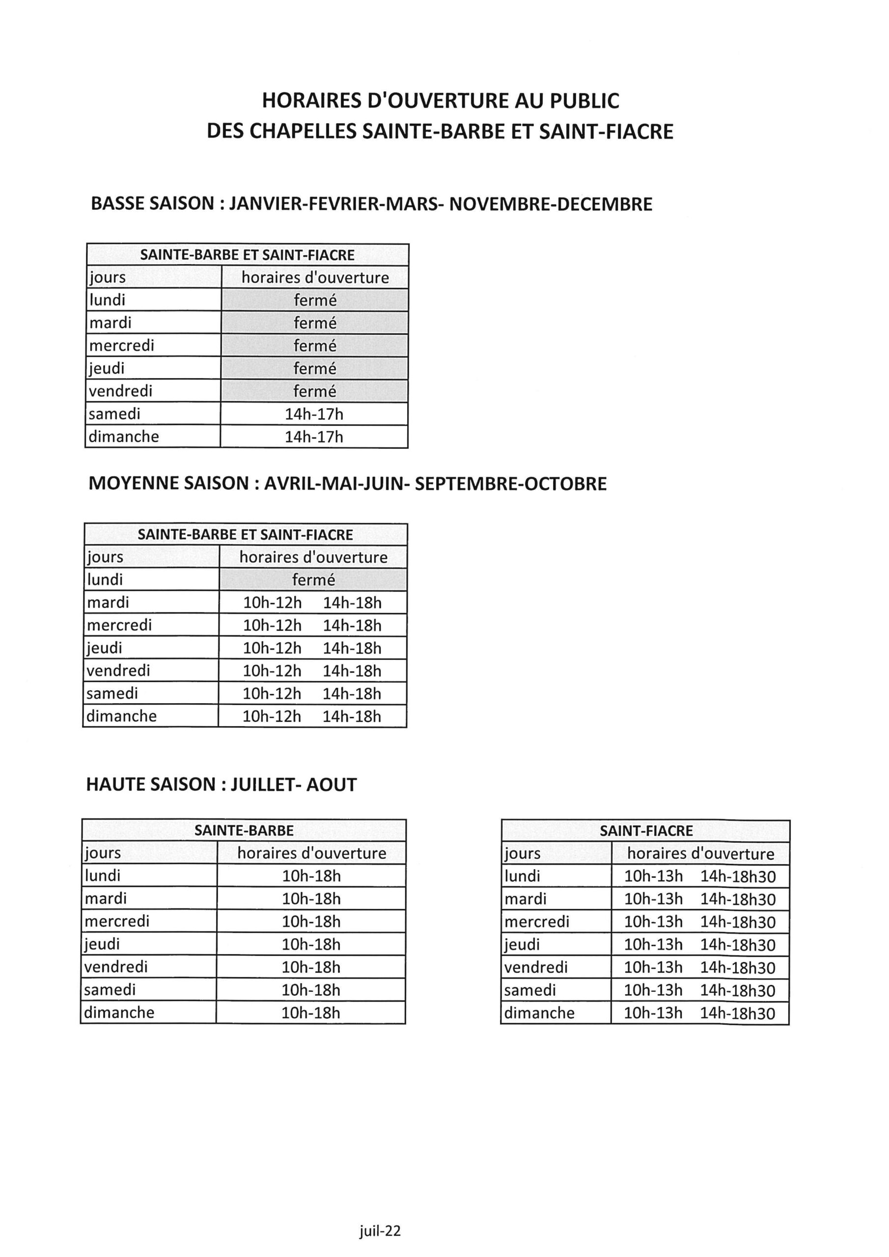 HORAIRES D’OUVERTURE AU PUBLIC DES CHAPELLES SAINTE-BARBE