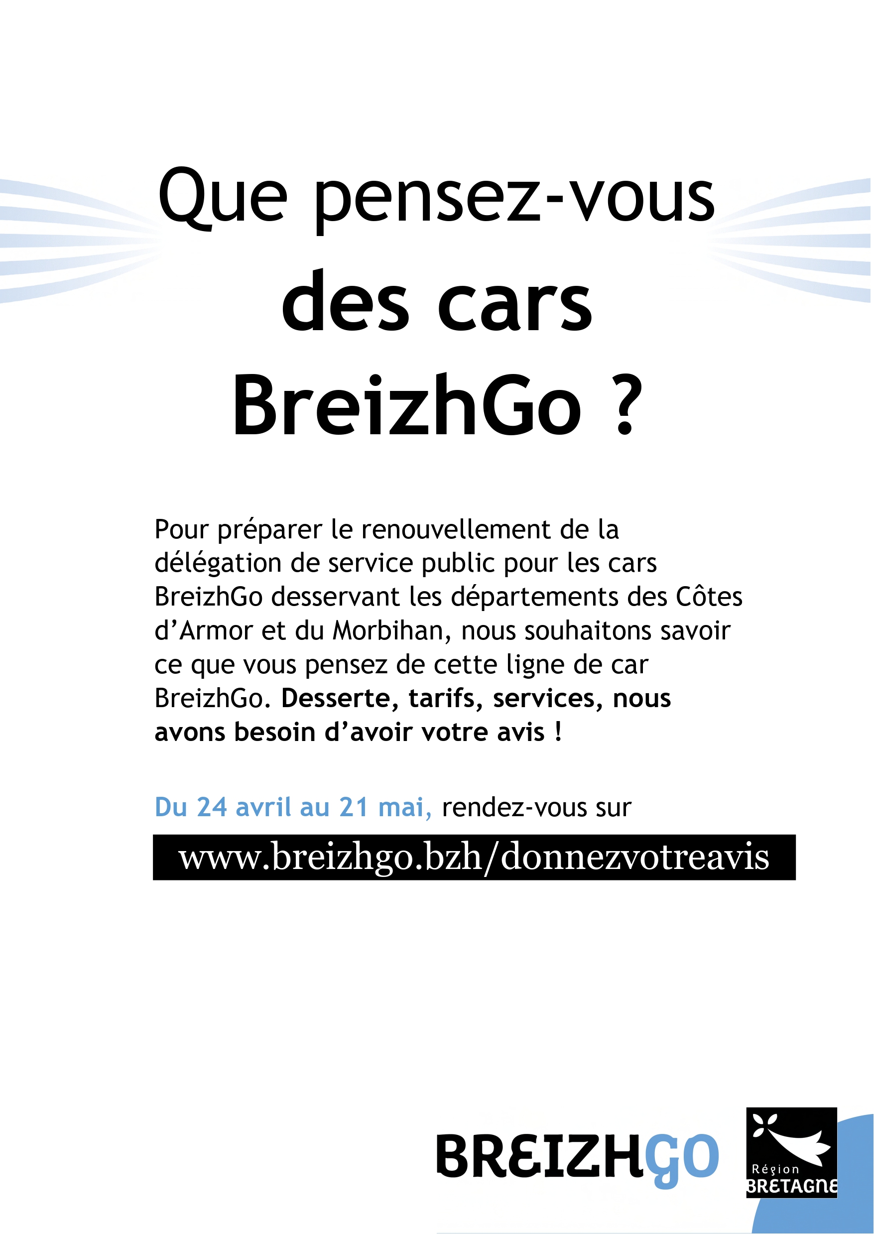 Grande consultation en ligne auprès des usagers et des non usagers du réseau des lignes de car BreizhGo desservant les départements du Morbihan et des Côtes d’Armor