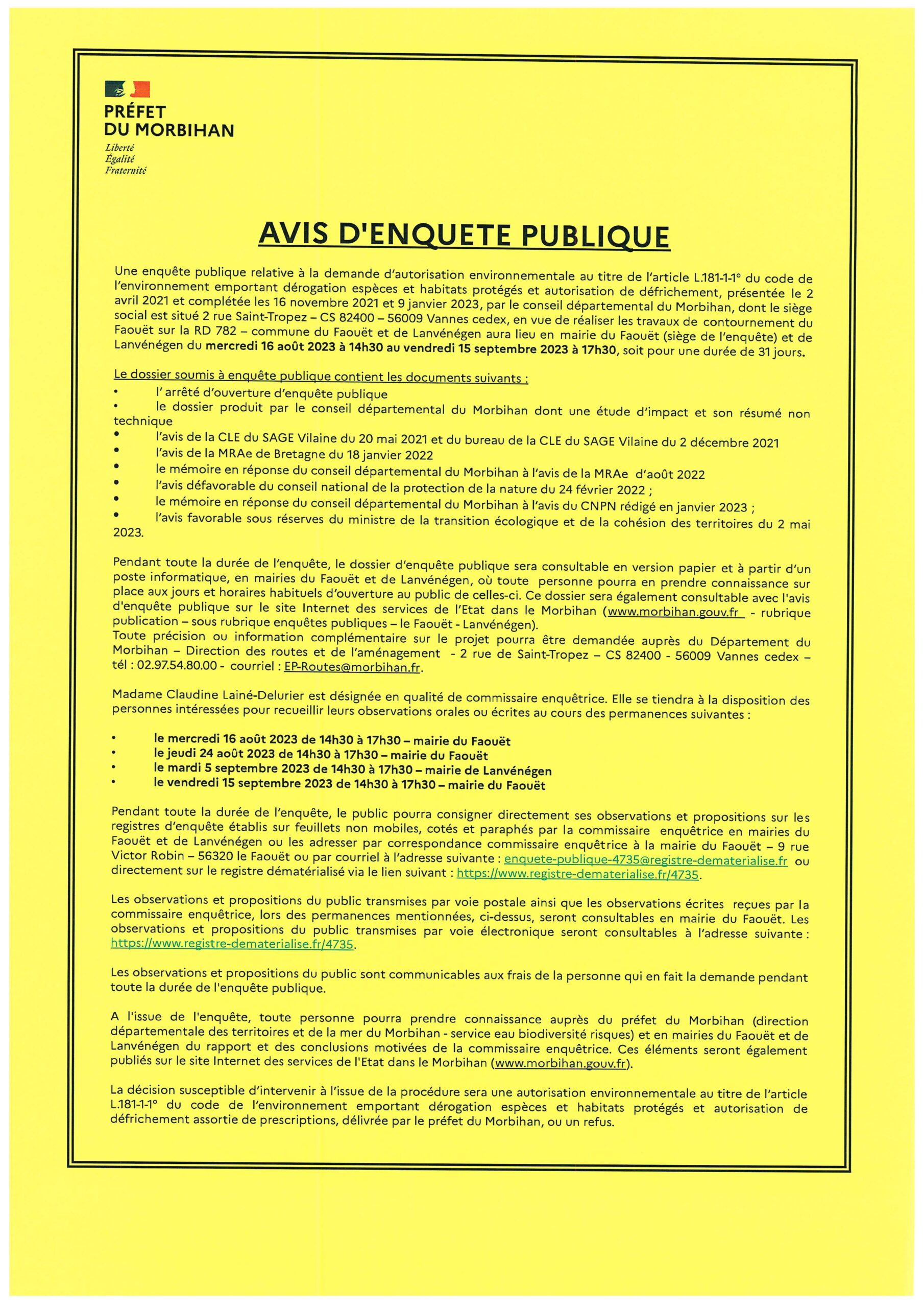 ENQUETE PUBLIQUE – RD 782 – CONTOURNEMENT DU FAOUËT – AUTORISATION ENVIRONNEMENTALE