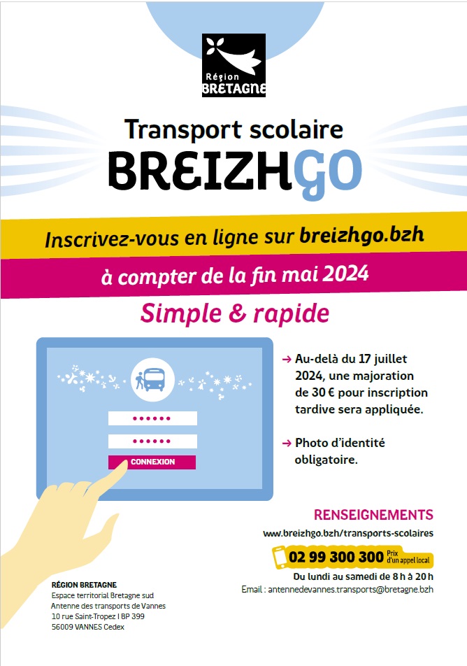Transports scolaires BREIZHGO, inscriptions en ligne dès fin mai 2024 !