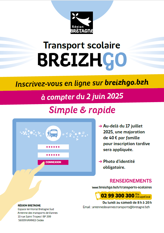 Inscription au transport scolaire sur le réseau régional BreizhGo [Rentrée scolaire 2025-2026]